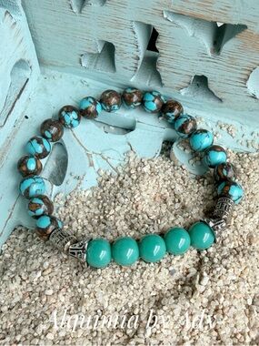AMAZONITE IN green Turquoise and Brown Bead Stretch Bracelet